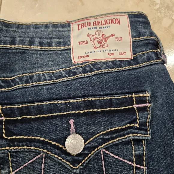 True Religion Women’s Jeans Joey Flap Flare Size 34 Y2K Blue Pink Thread Pockets - Picture 8 of 12